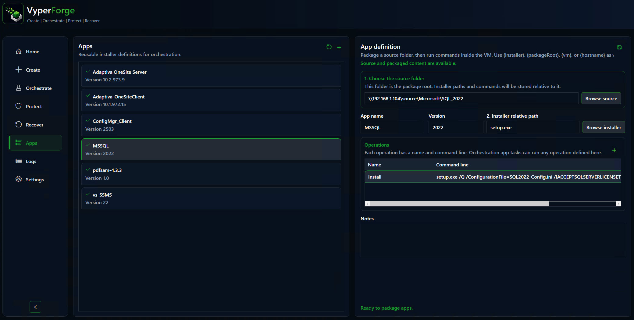 VyperForge screenshot: Application catalogue. Install and uninstall operations with source health.