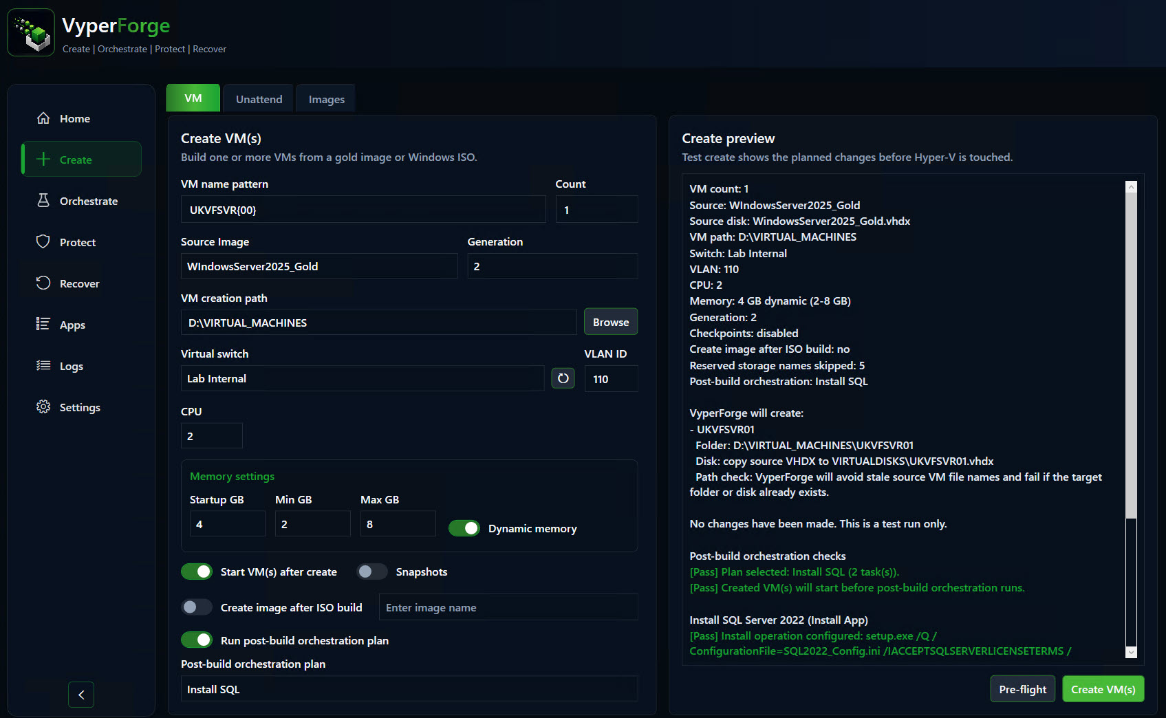 VyperForge screenshot: Multi-VM provisioning. Sequential naming and repeated VM creation.