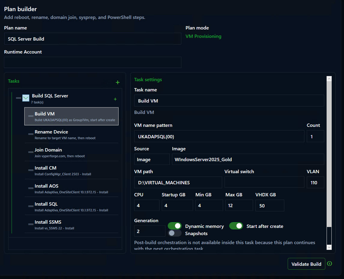 VyperForge screenshot: PowerShell task editor. PowerShell Direct scripts, variables and guest account selection.