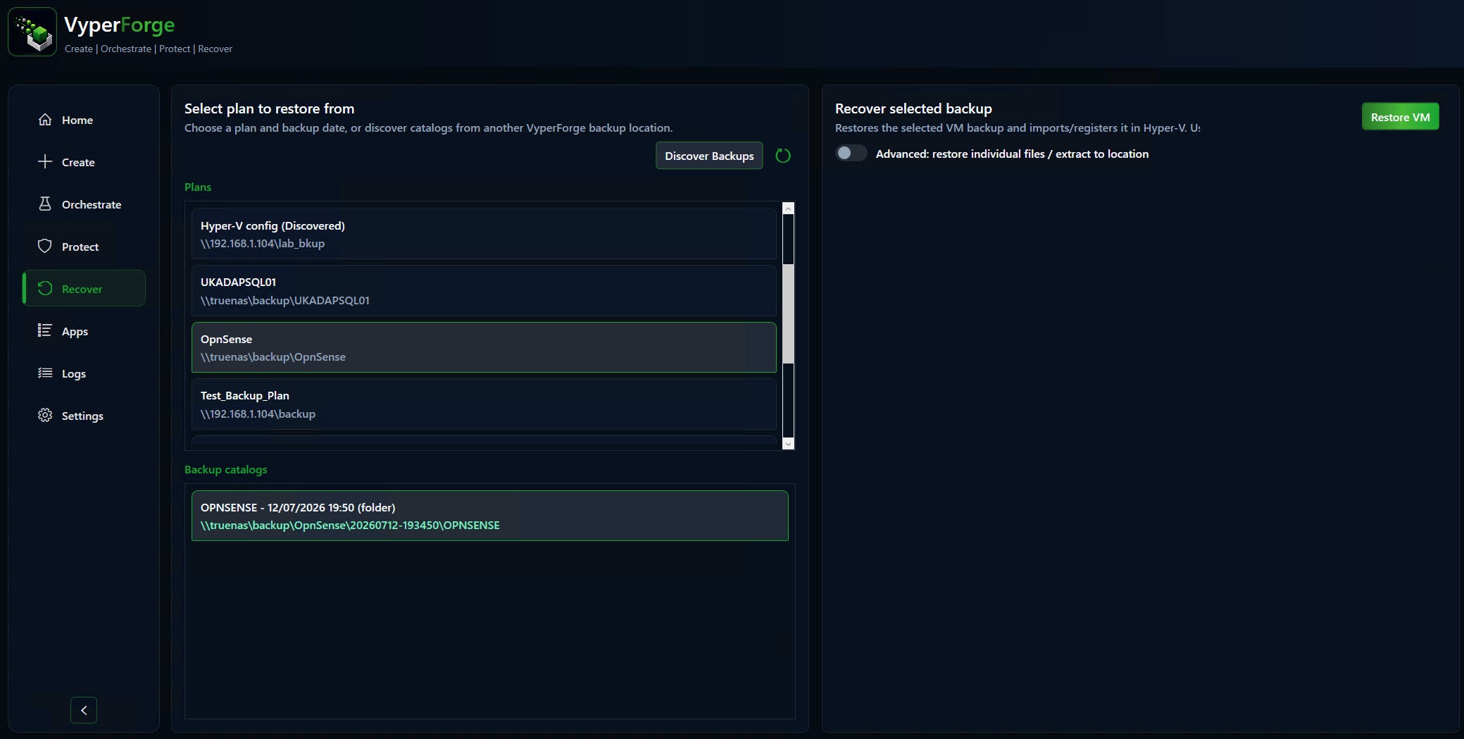 VyperForge screenshot: Recovery catalogue. Searchable backup catalogue and restore options.