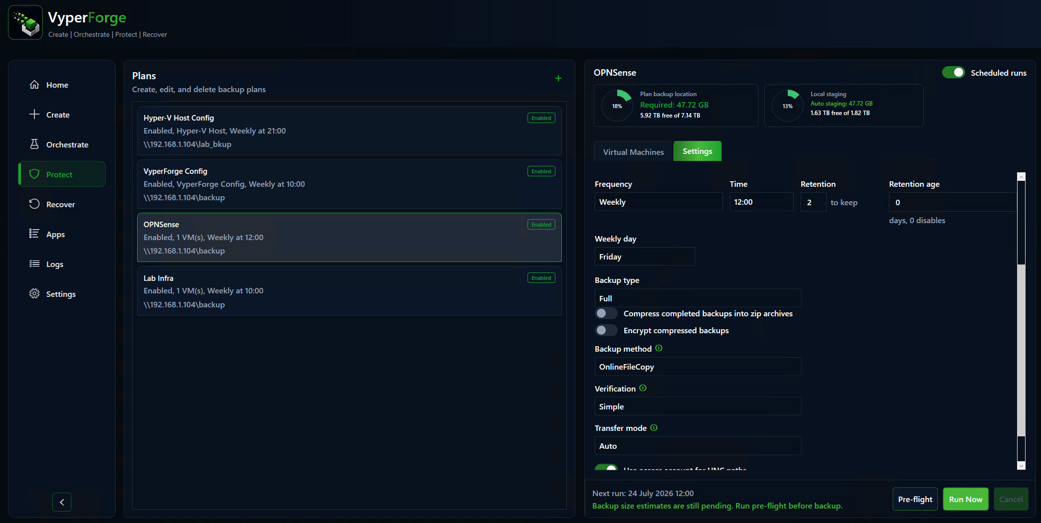 VyperForge screenshot: VyperForge configuration protection. Plans, images, applications, settings and credential export.