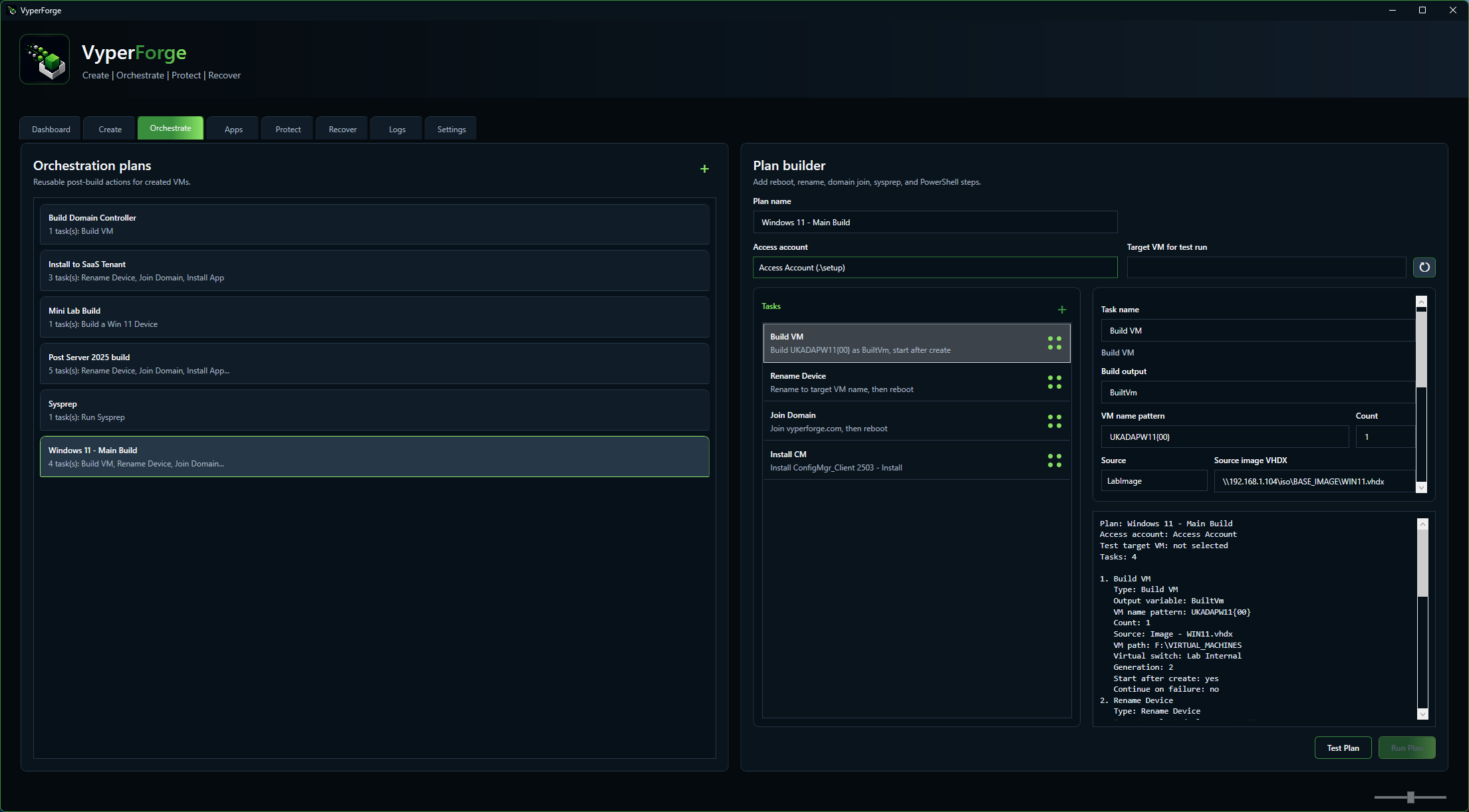 VyperForge orchestration plan designer showing reusable build tasks